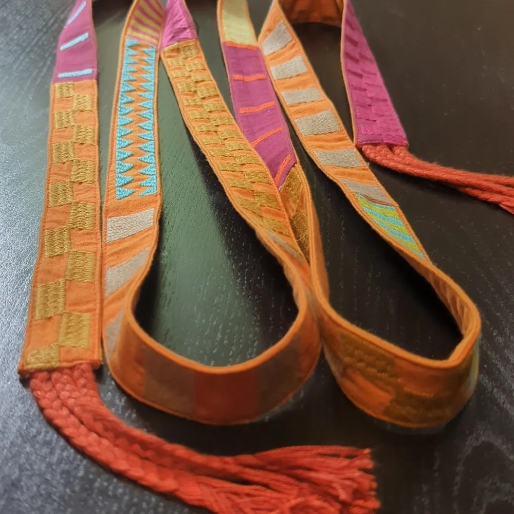 Embroidered double sided belt 2.6m wrap-around boho style orange Gudrun Sjoden - Picture 3 of 13